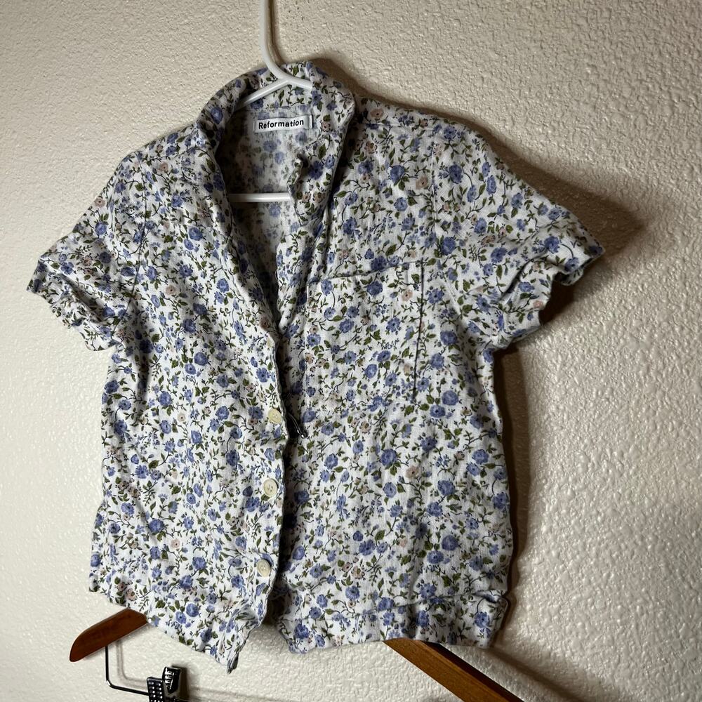 Reformation Lompoc linen blue floral button up shirt and shorts set GIRLS 6 - Picture 3 of 6
